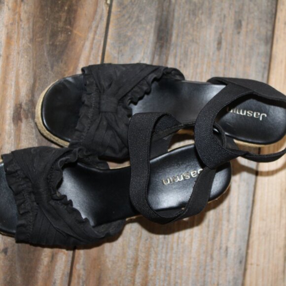 Jasmin Bueno Black Sandals Jute Wedge Criss-Cross Front Canvas Size 7 Pre-Loved - Picture 5 of 9